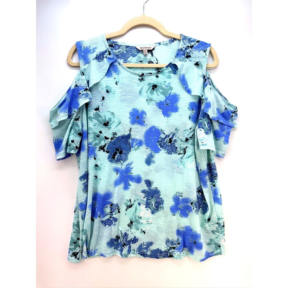 Juicy Couture Blue Floral Cold Shoulder Ruffle Top XXL Y2K Bloomcore Thats Hot